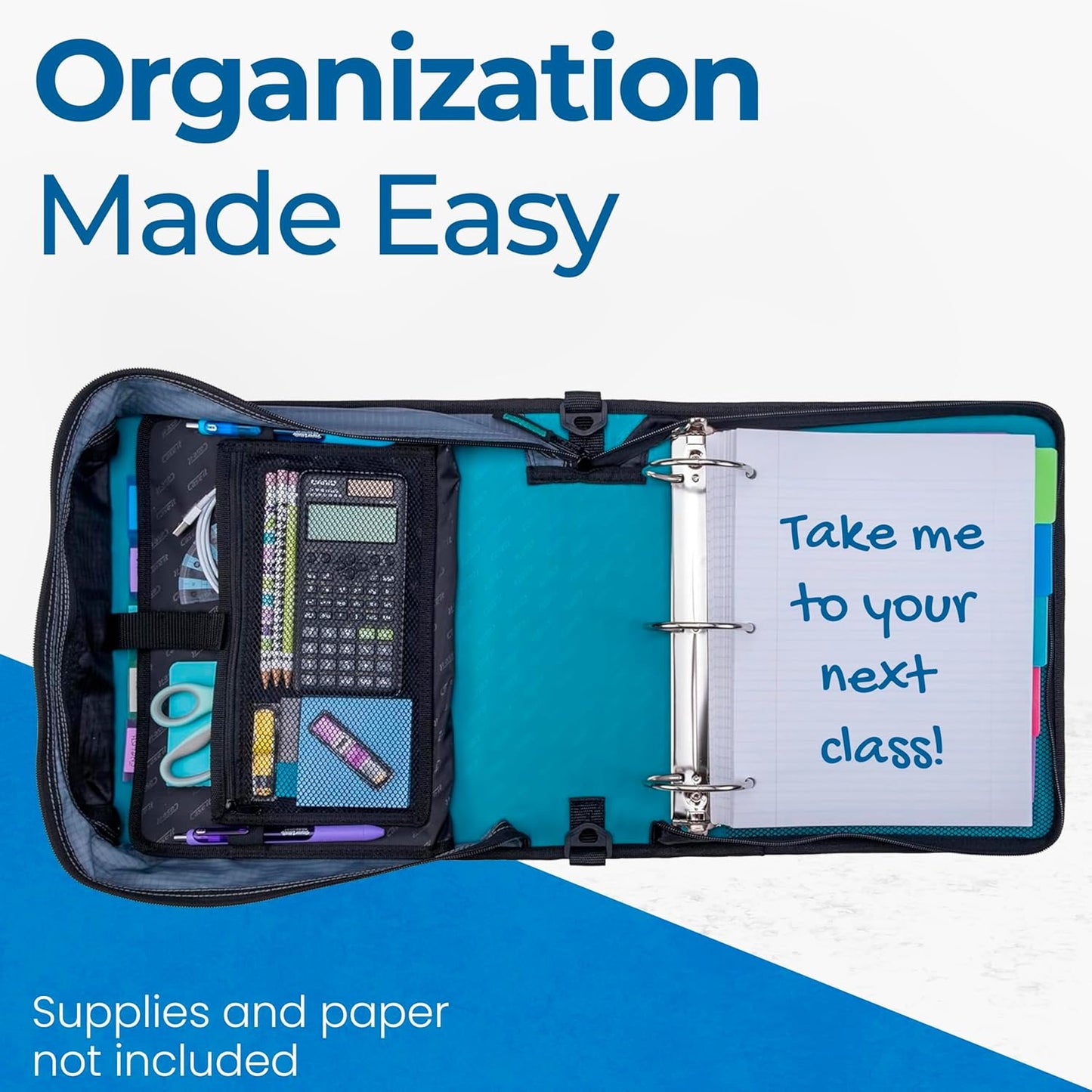 Case-it Mighty Zip Tab School Zipper Binder | 3-Inch O-Rings, 600-Sheet Capacity, 5-Subject Expanding File Folder, Multiple Pockets & Storage Organizer, Shoulder Strap | D-146 Jet Black