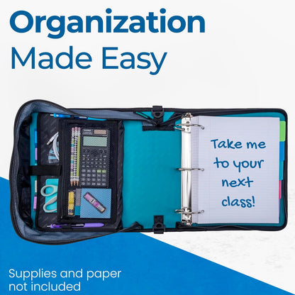 Case-it Mighty Zip Tab School Zipper Binder | 3-Inch O-Rings, 600-Sheet Capacity, 5-Subject Expanding File Folder, Multiple Pockets & Storage Organizer, Shoulder Strap | D-146 Jet Black