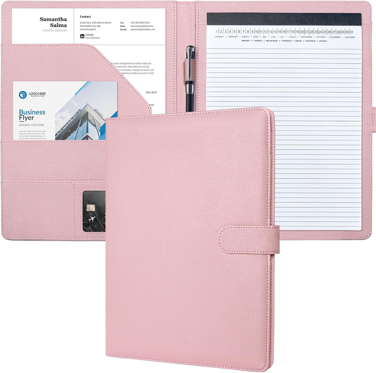 Mymazn Padfolio Portfolio Folder, Faux Leather Interview Resume Folder with Document Organizer & Business Card Holder, Letter-Sized Notepad Legal Pad Holder for Men Women (Sage Green)