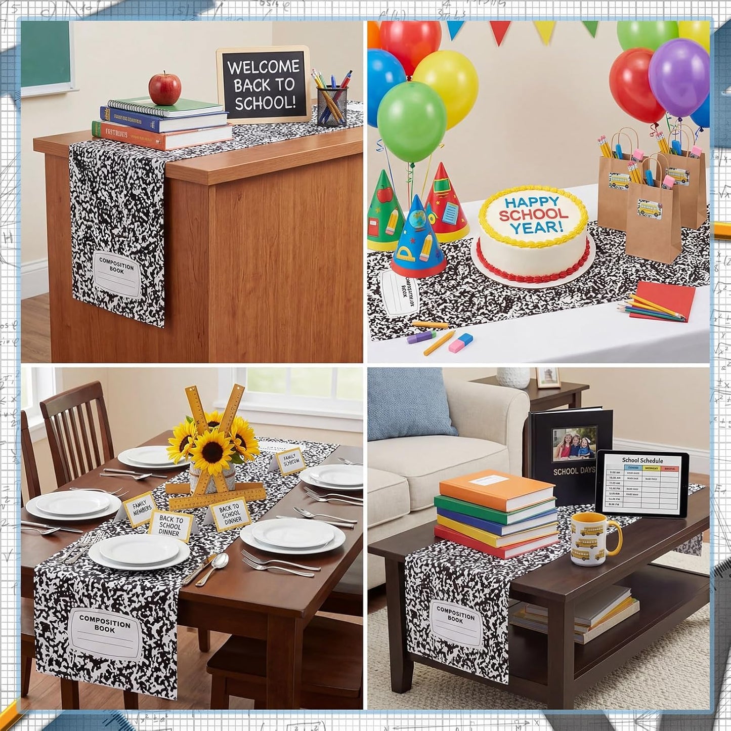 Breling 4 Pcs Preschool Graduation Decorations Table Runner Kindergarten Graduation Tablecloth Composition Pencil Crayon Ruler Notebook Table Runner for School Dining Room Classroom Party Decoration