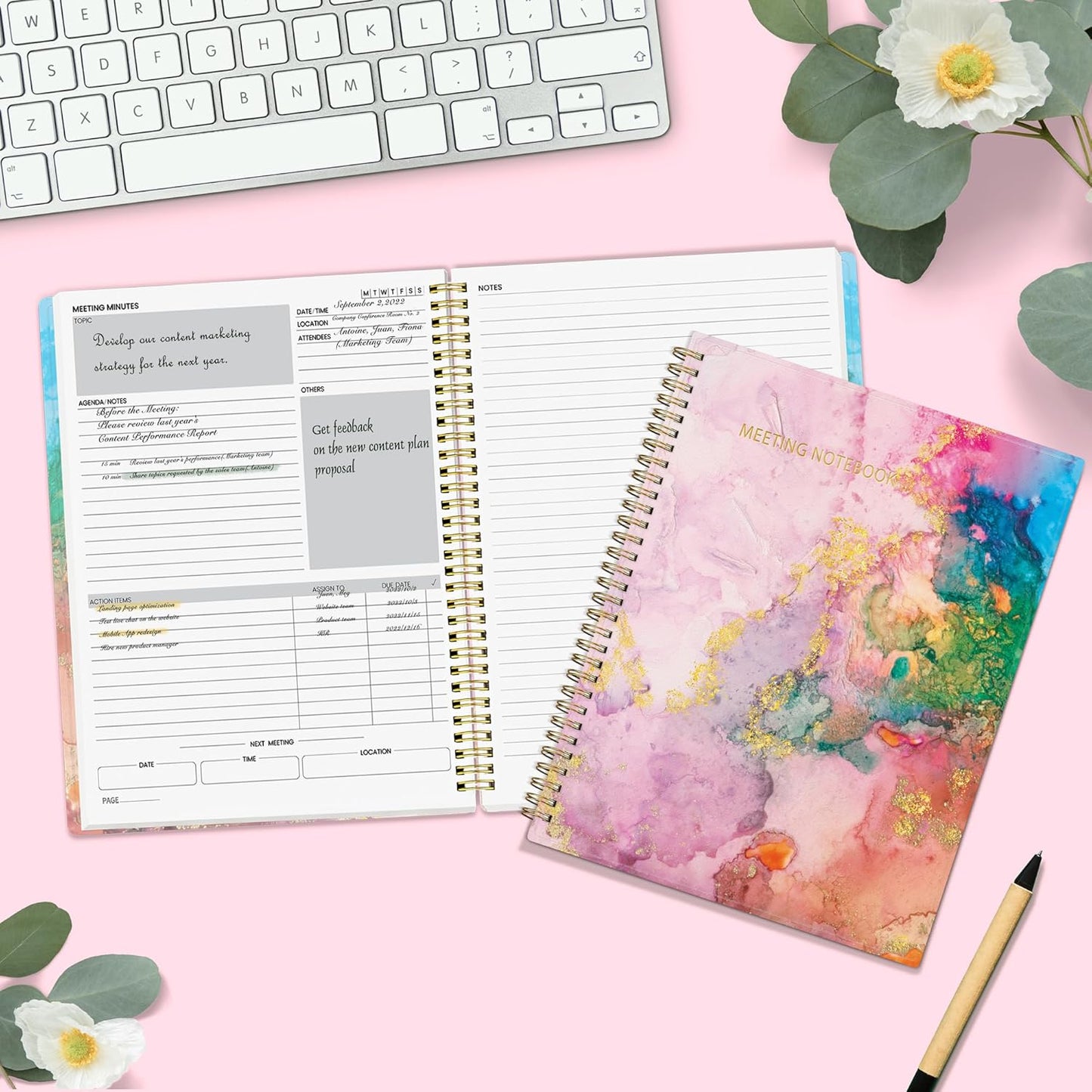 SUNEE Half Meeting Half Note - 7.5"x10" Professional Notebooks for Work - 160 Pages, B5 Size Project Planner, Spiral Meeting Agenda/Minutes Organizer for Women Men, Note Taking, Office & Business