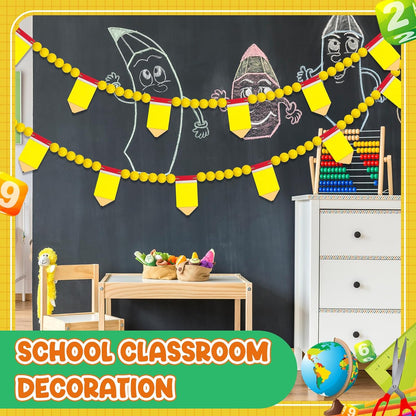 8.2 Ft Pencil Wooden Garland Graduation Yellow Pencil Banners with Cute Beads Hanging Ornaments for Kindergarten Classroom Office Home First Day of School Party Decor