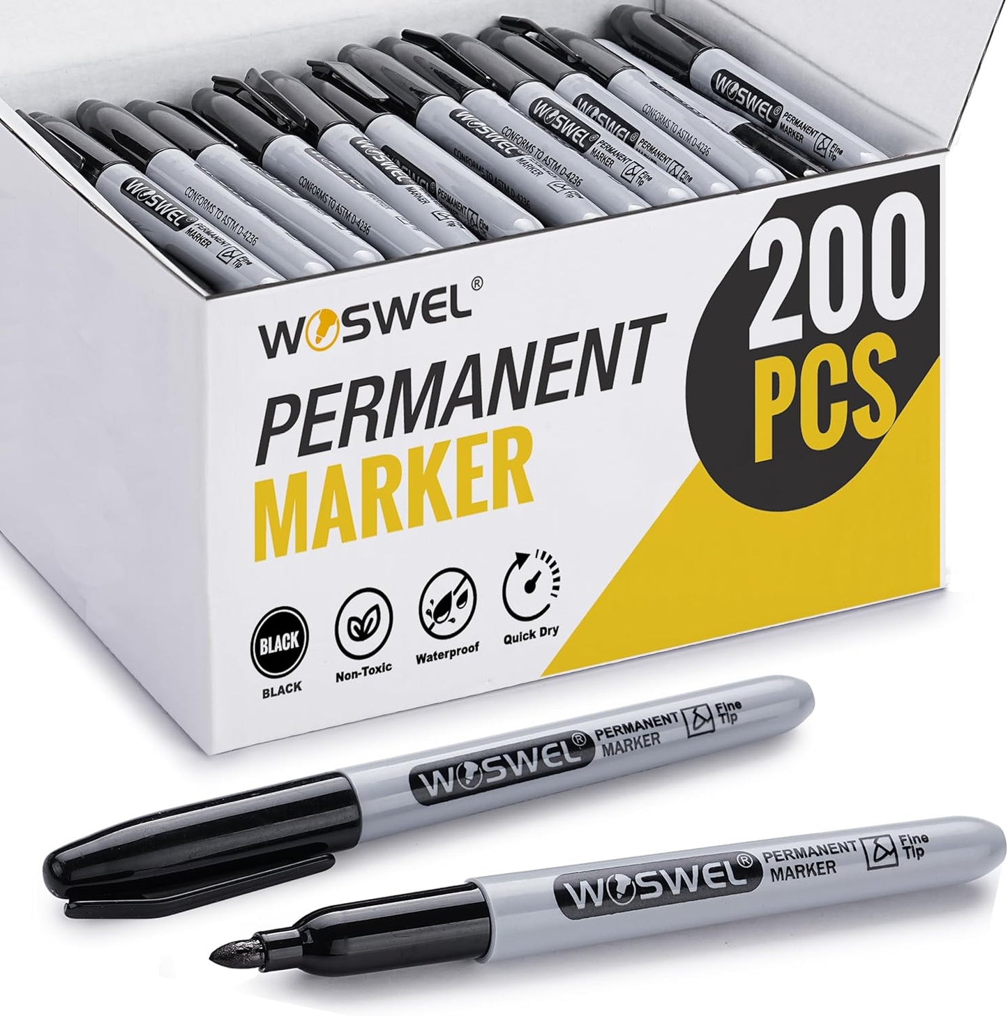 WOSWEL Permanent Markers Bulk, 50 Pack, Black Permanent Marker Pens, Fine Tip, Waterproof, Quick Drying, Smooth Writing, Used on Glass Metal Stone Paper Most Surfaces, Office School Supplies