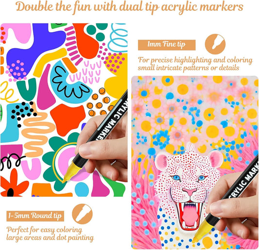 60 Colors Dual Tip Acrylic Paint Markers, Premium Dot & Fine Tip Coloring Paint Pens for Rock, Wood, Fabric, Canvas, Glass, Paper, Ceramic, Scrapbook, Vision Board and DIY Crafts Supplies Art Gifts