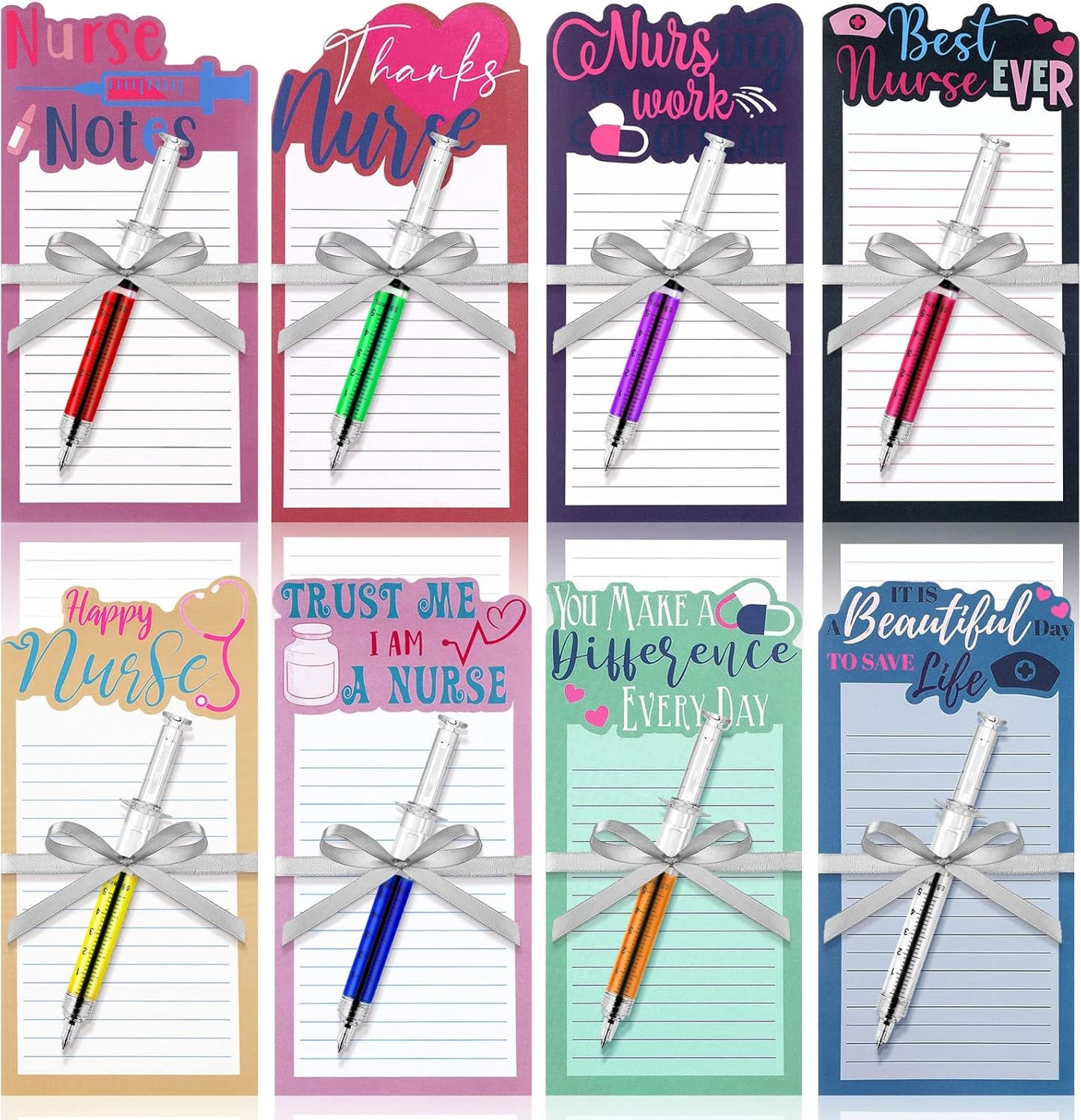 Laumoi 8 Set Funny Nurse Notepad with Pen 2026 Nurse Week Gift Bulk Nursing Sticky Note Die Appreciation Memo Pad with Syringe Ballpoint Pen for Medical Assistant Rn Cna Lrn (Novel, Bright Color)