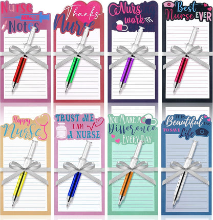 Laumoi 8 Set Funny Nurse Notepad with Pen 2026 Nurse Week Gift Bulk Nursing Sticky Note Die Appreciation Memo Pad with Syringe Ballpoint Pen for Medical Assistant Rn Cna Lrn (Novel, Bright Color)
