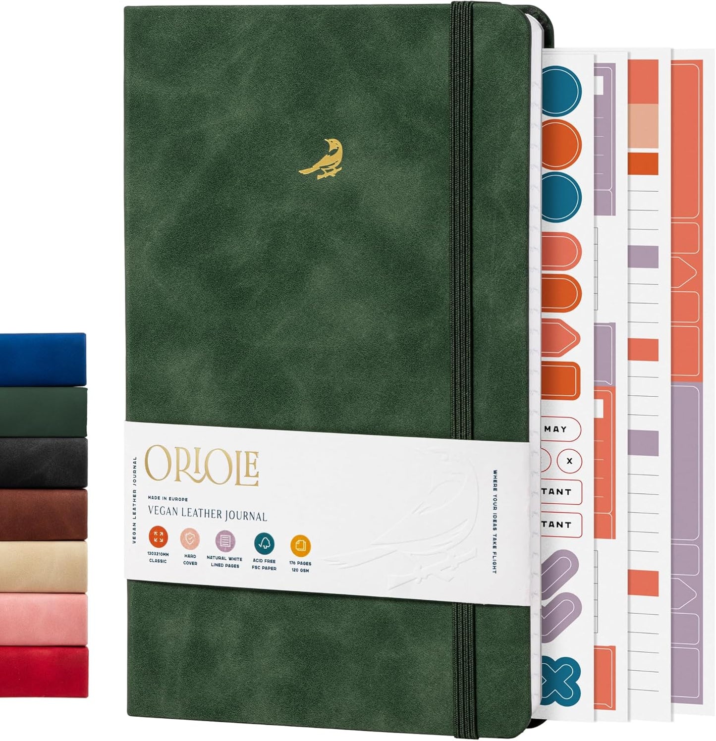 Oriole Vegan Leather Ruled Notebook - Chestnut Brown | 176 Pages of Thick Lined Paper | Soft Touch Hardcover Journal (5 x 8 in) with Gold Foil Bird Design & Luxury Gift Box
