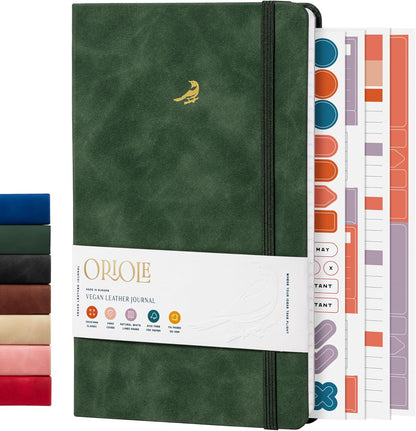 Oriole Vegan Leather Ruled Notebook - Chestnut Brown | 176 Pages of Thick Lined Paper | Soft Touch Hardcover Journal (5 x 8 in) with Gold Foil Bird Design & Luxury Gift Box
