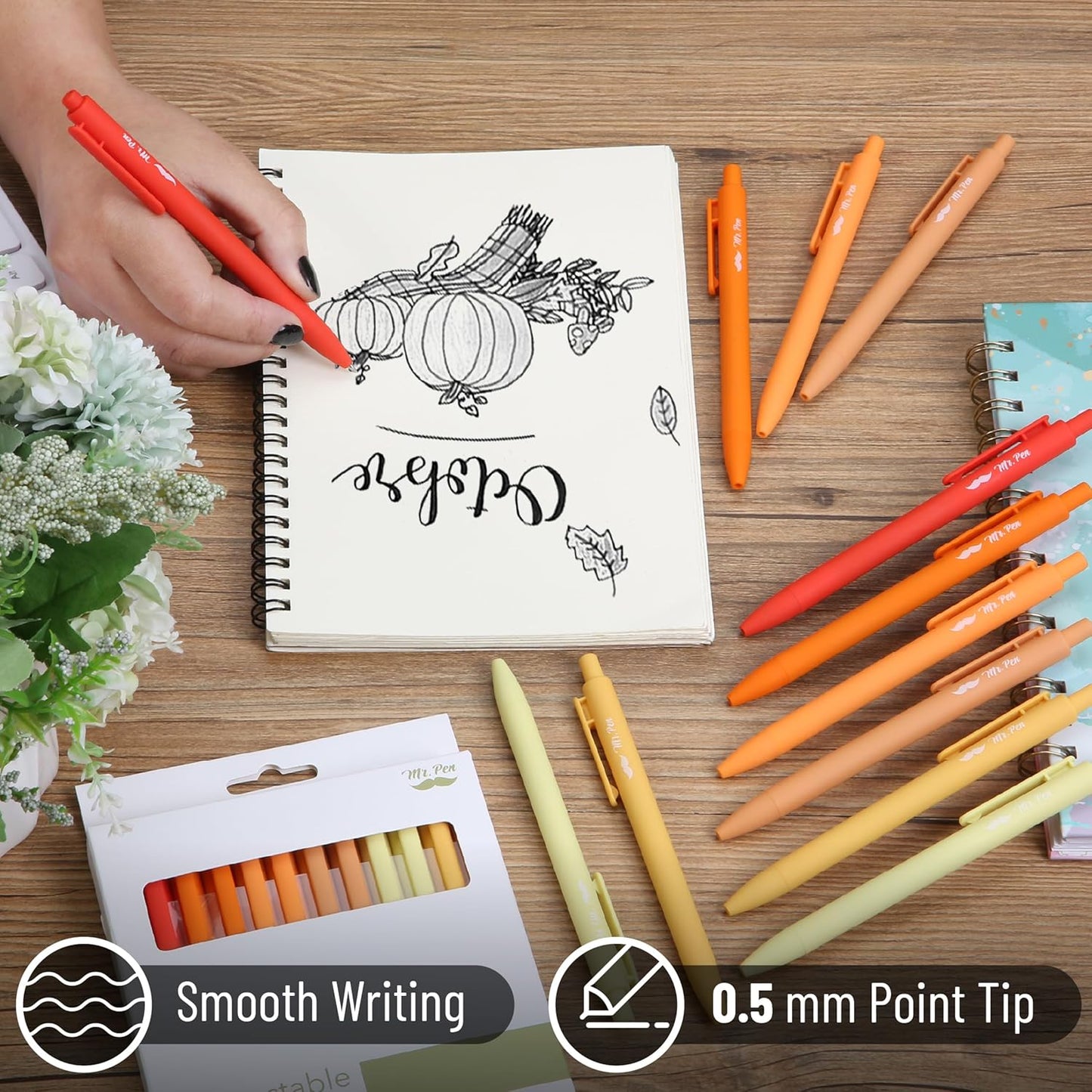 Mr. Pen- Retractable Gel Pens, 12 Pack, Colorful Ink, Fine Point 0.7mm, Fast Dry, Smooth Writing, Cute Pens for Drawing, Writing Planner and School Supplies