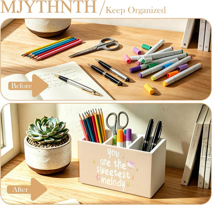 Don't Overthink It Inspirational Pencil Pen Holder for Desk, Pink Positive Affirmations Wooden Box Sign Pen Holder Organizer for Home Office School Desk Accessories