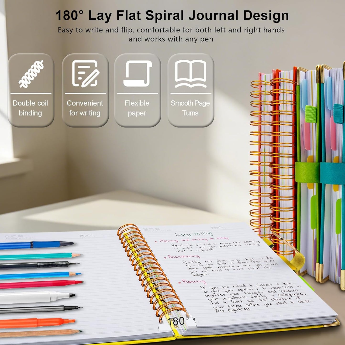 Hardcover Spiral Notebook College Ruled, 8"x10" Leather Journal Notebook with Magnetic Closure, 300 Pages 5 Subject Notebook with Dividers Tabs Journal for Women Men, Work, School(Rose Red)