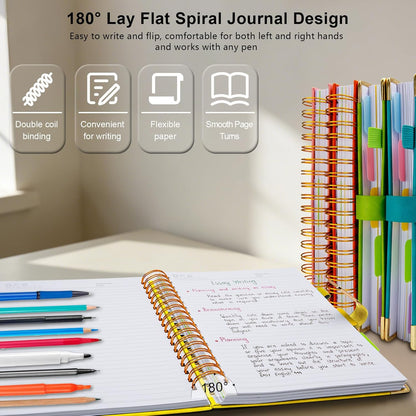 Hardcover Spiral Notebook College Ruled, 8"x10" Leather Journal Notebook with Magnetic Closure, 300 Pages 5 Subject Notebook with Dividers Tabs Journal for Women Men, Work, School(Rose Red)