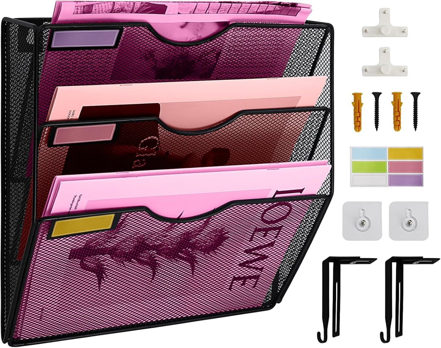 1 Pocket Mesh Wall File Holder Organizer Office Hanging File Folder Magazine Rack, Nametag Label Hooks Set Included (Black)