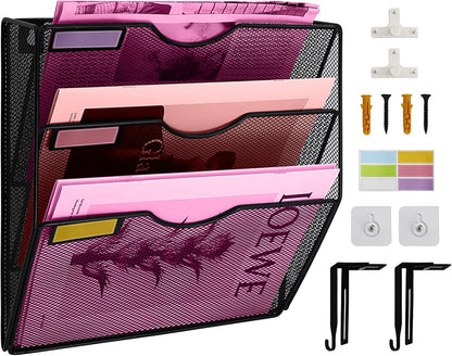 1 Pocket Mesh Wall File Holder Organizer Office Hanging File Folder Magazine Rack, Nametag Label Hooks Set Included (Black)