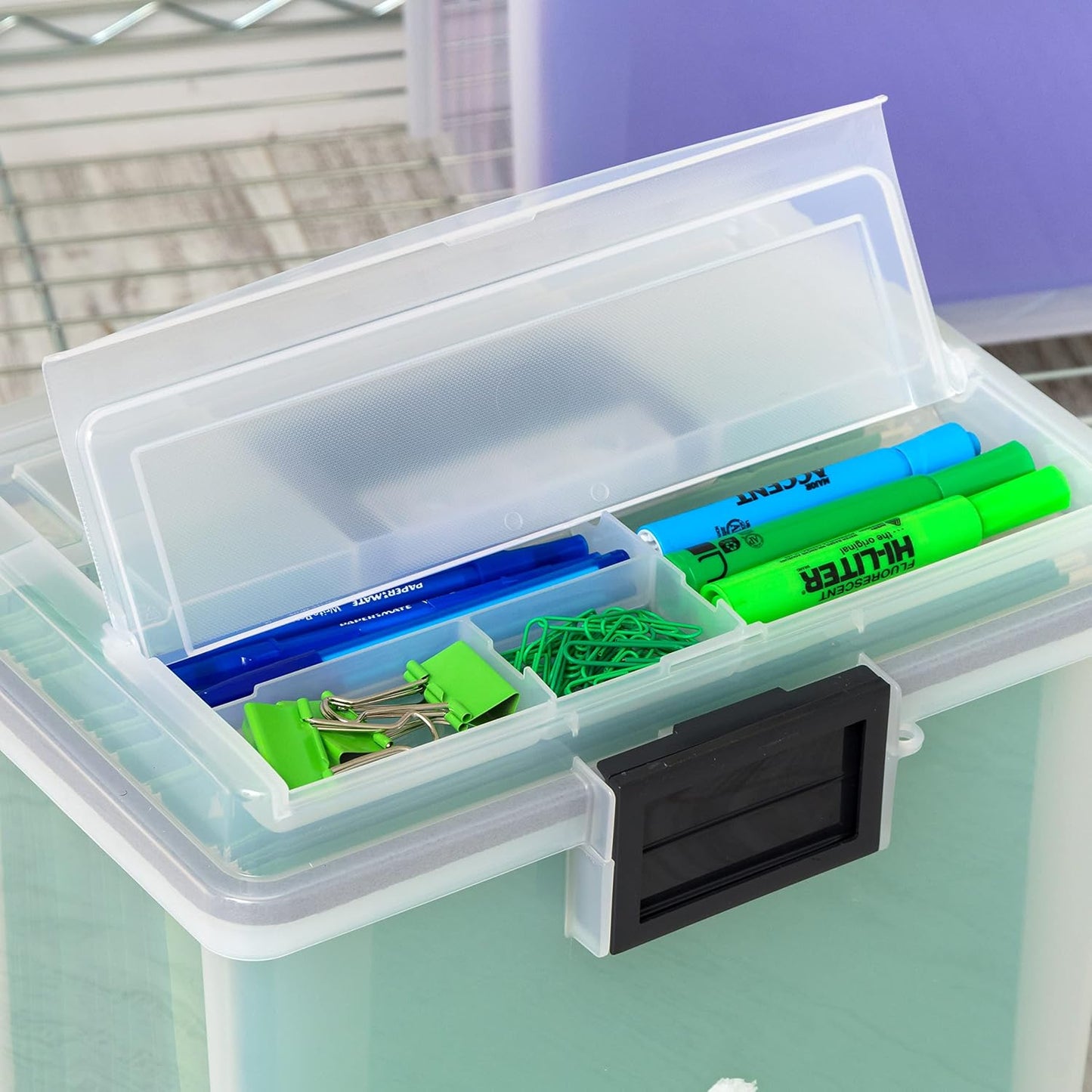 IRIS USA File Box with Lid File Organizer for Letter File w/Organizer-Lid, Plastic Mobile Filing Organizer, Water Resistant Document Box, Portable File Box with Handle, Secure Buckle, Lockable, Black