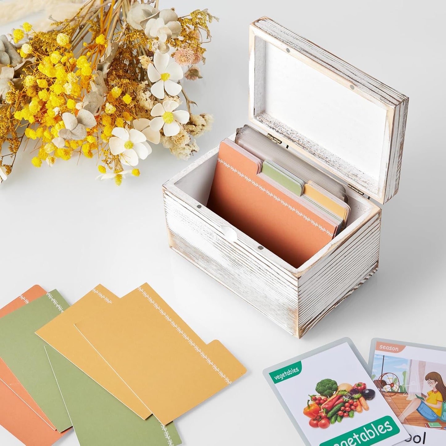 DRASTAR Index Card Holder, 3x5 Index Card Box, Wooden Index Card Organizer with 45 Dividers, Flashcard Notecard Holders for Home Office, Brown