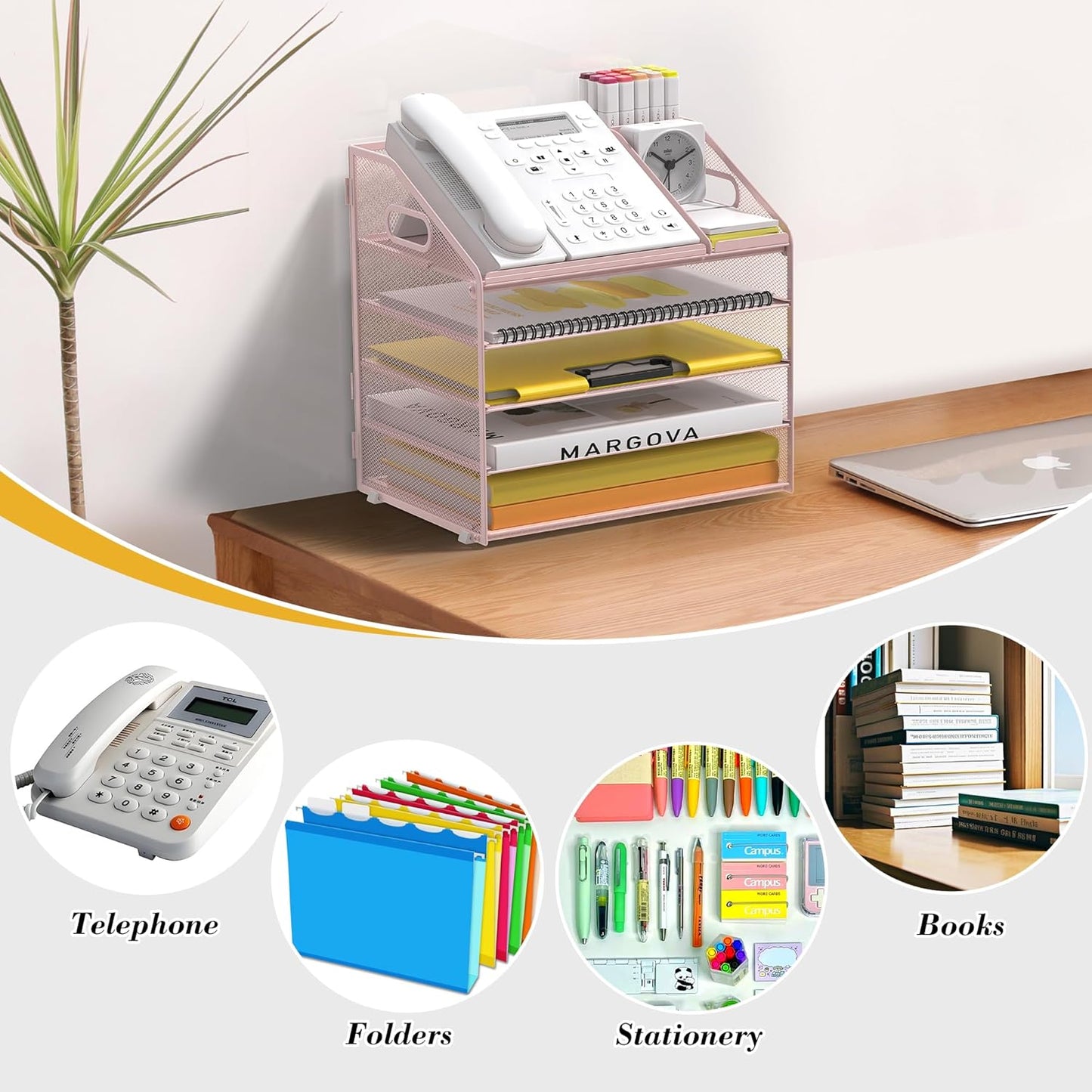 Letter Tray Paper, 4 Tier Desk Organizer with Pen Holder and Handle Mesh File Organizer Paper Sorter Metal Desktop Document Shelf for Office Home Classroom -Black