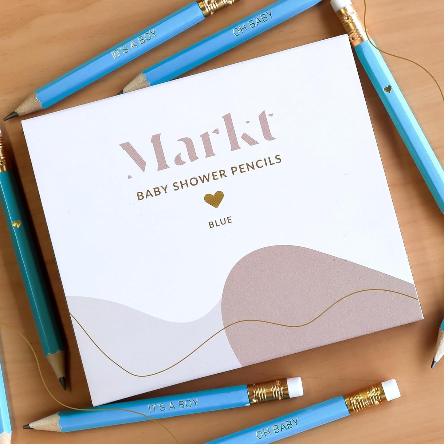 Markt Mini Pencils For Baby Shower Games Boy, Heart Pencils, Small Blue Pencil Set (Wood Pencil Set)