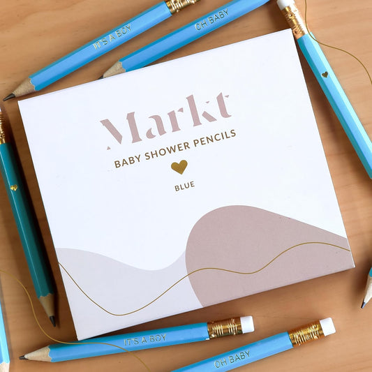 Markt Mini Pencils For Baby Shower Games Boy, Heart Pencils, Small Blue Pencil Set (Wood Pencil Set)