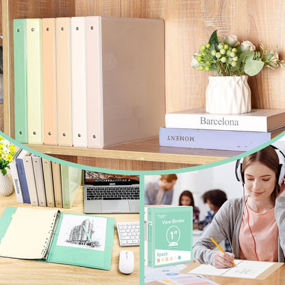 3 Ring Binder - 6 Pack, 1 Inch Binder with 2 Interior Pockets & Clear View Overlay, Large Capacity, Round Ring Binders for Office Supplies, School & Home (6 Colors)