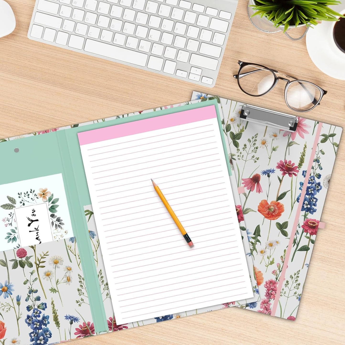 A4 Cute Clipboard Folio with Notepad Clipfolio and Interior Storage, Foldable Nursing Legal Size Clipboards for Work/Kids/Teachers - Almond Tree
