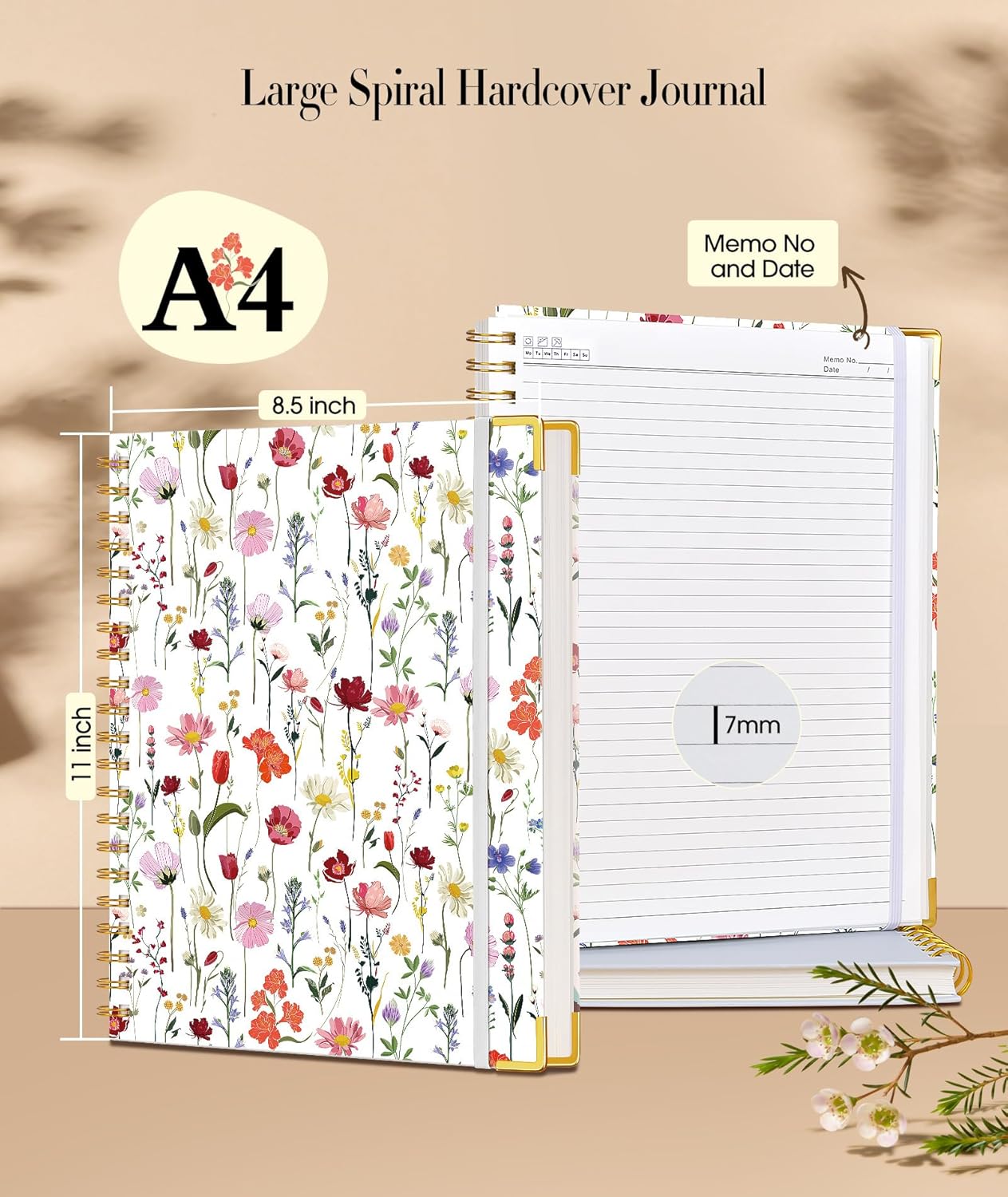 Cute Spiral Notebook Journal for Women, 200 Pages Lined Notebooks 8.5” x 11”, A4 Large Hardcover Spiral Journals with 100 GSM Thick Paper, College Ruled Notebook for Writing Work School, Orange Floral