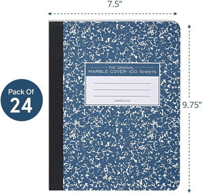 ROARING SPRING Hard Cover Composition Notebook, 4 Pack, Blue Marble Comp Book, 9.75″ x 7.5″, Unruled Blank Paper, 100 Sheets (200 Pages), Made in USA