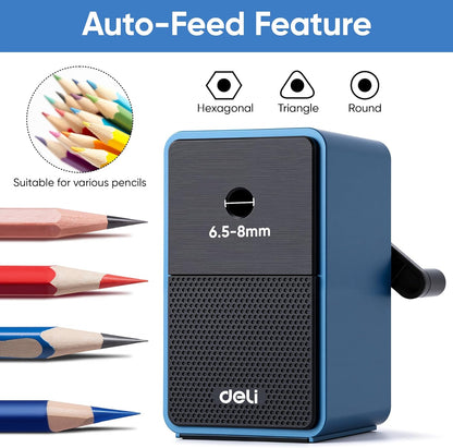 Deli Manual Pencil Sharpener - Auto-in Hand Crank with Adjustable Point for Colored Pencils, Kids, Students, Classroom, Home and Office, Brown