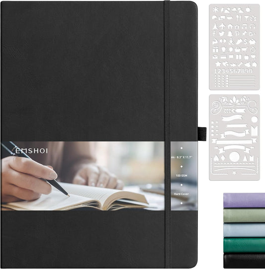 EMSHOI A4 College Ruled Notebook, Large 8.3" x 11.7", 192 Pages 100GSM Ink-Proof Faux Leather Hardcover Lay-Flat Lined Journal for Office School Work Writing, Black