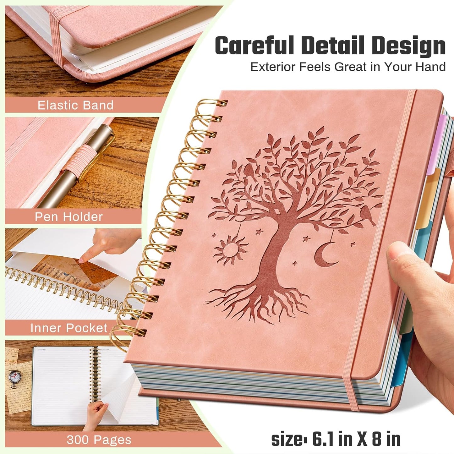 Ovesmusl Hardcover Spiral Notebook 8.5" x 11" with 5 Removable Dividers 300 Pages Leather 5 Subject Notebook College Ruled 100GSM Large Spiral Notebooks for Work Thick Lined Journal for Women, Green