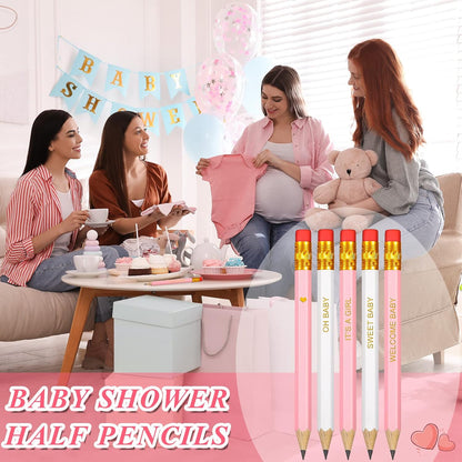 Crtiin 50 Pieces Baby Shower Pencils for Activities Mini Golf Half Pencils, Presharpened with Erasers, 4 Inch(Wood Color,Simple Style)