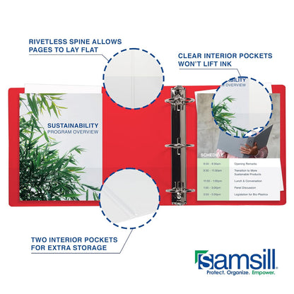 Samsill Durable 3 Inch Binder, D Ring Binder, Customizable Clear View Cover, Ruby Red, Holds 625 Pages