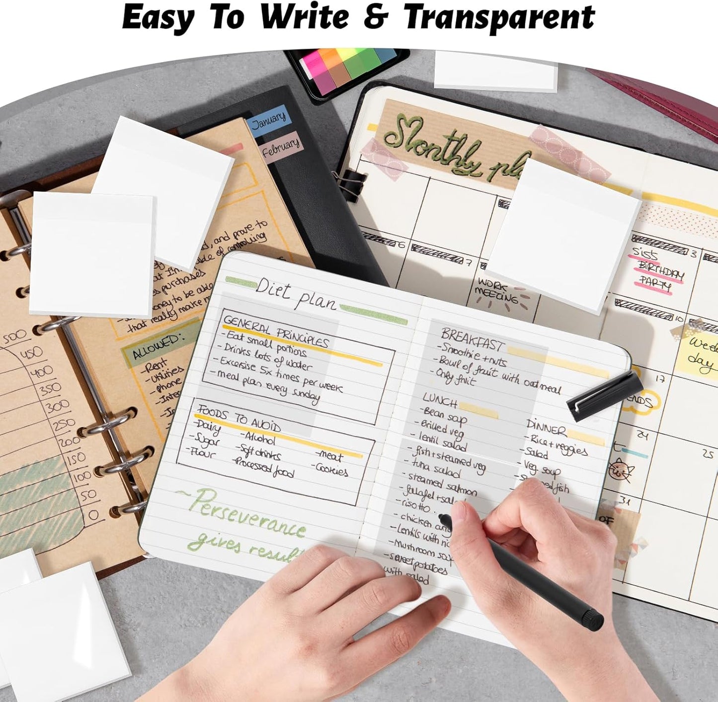 800 Sheets Transparent Sticky Notes, 3x3 Inch 14 Pads Self-Adhesive Translucent Clear See Through Post Sticky Notes for Planner Office School College Teacher Student Supplies 6 Bright Color