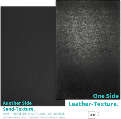 Binditek 100 Pack 16 Mil Leather-Textured Heavyduty Polycovers, Plastic Binding Presentation Covers, Letter Size, 8-1/2 x 11", Square Corners, Un-Punched, Black