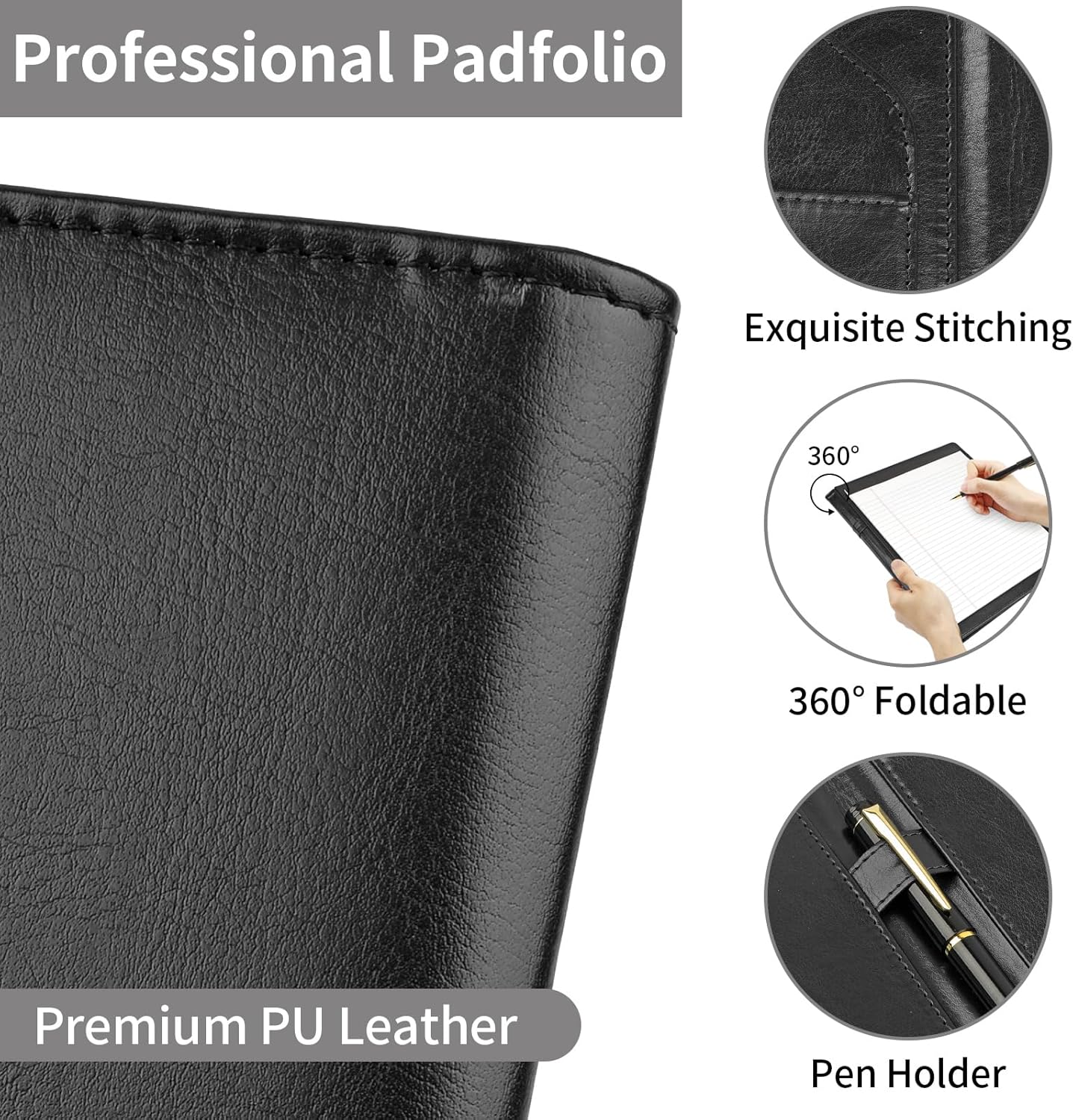 MOWPOG Professional Padfolio Portfolio Binder, Faux Leather Interview Resume Folder, Letter Size A4 Legal Writing Pad Holder, Document Organizer for Business School Office Conference (Black)