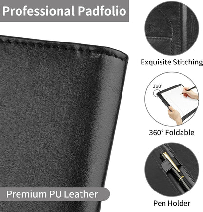 MOWPOG Professional Padfolio Portfolio Binder, Faux Leather Interview Resume Folder, Letter Size A4 Legal Writing Pad Holder, Document Organizer for Business School Office Conference (Black)
