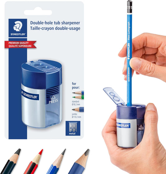 STAEDTLER Double-Hole Tub Pencil Sharpener: Dual Size Manual Sharpener for Standard Graphite & Colored Pencils - Compact Design - Ideal for Classroom, Home, Office, & Art Studio