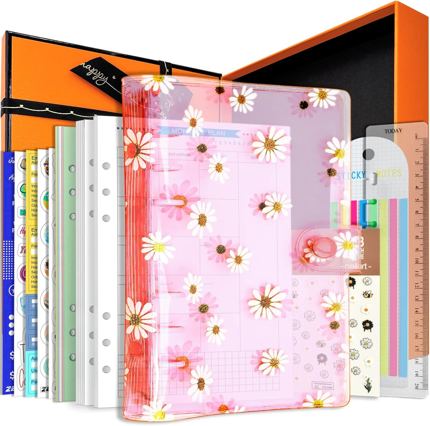 A6 A5 6-Holes Colorful PVC Cover Round Ring View Binder with Snap Button Closure File Folder for Loose Leaf Sheet Protectors Notebook Refill (Pink Daisy, A5 Mini Set) - Colors A
