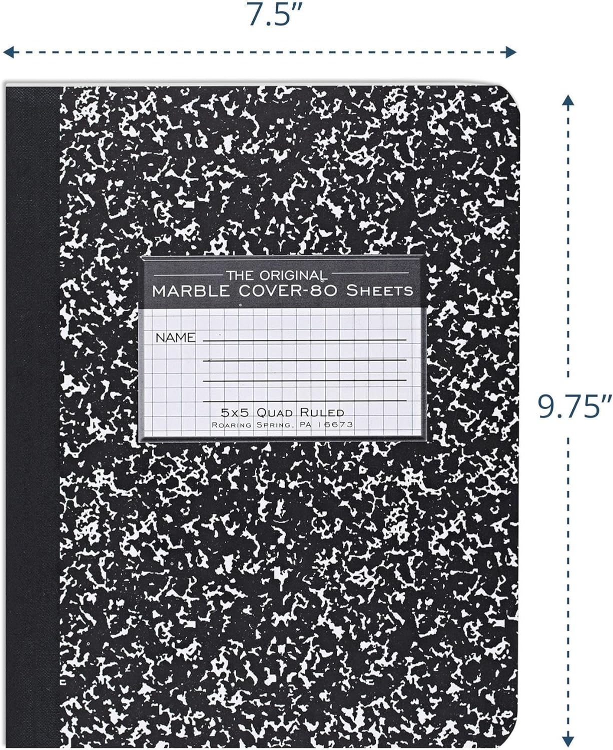 ROARING SPRING Hard Cover Composition Notebook, Black Marble Comp Book, 9.75″ x 7.5″, College-Ruled with Margin, 100 Sheets (200 Pages), Made in USA