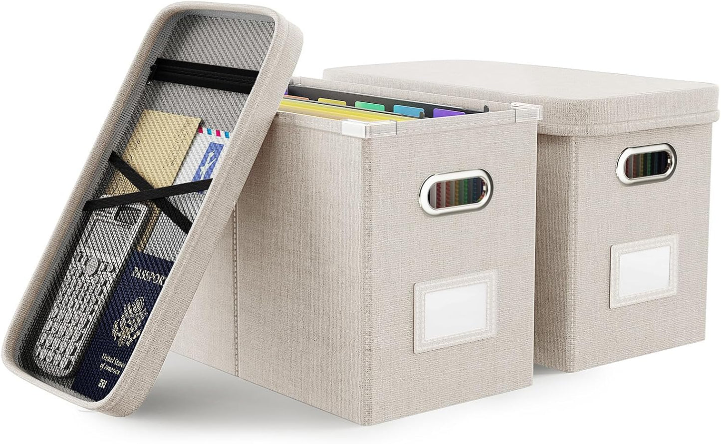 Oterri File Organizer Box with Lid, Hanging Filing File Box with Mesh Pocket, Document Organizer Box for Letter Files, Portable Storage Box with Smooth Sliding Rail for Office&Home (1 PCS, Beige)