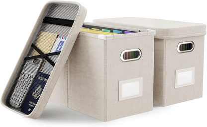 Oterri File Organizer Box with Lid, Hanging Filing File Box with Mesh Pocket, Document Organizer Box for Letter Files, Portable Storage Box with Smooth Sliding Rail for Office&Home (1 PCS, Beige)