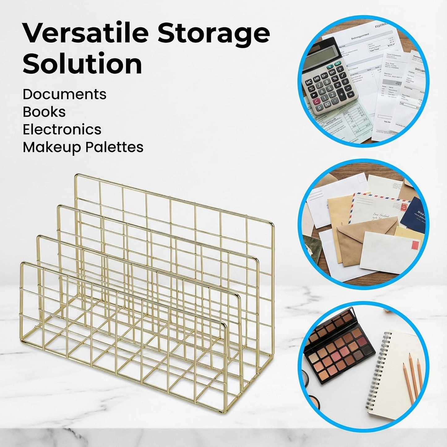 Simmer Stone Gold Letter Sorter Organizer for Desk, Premium Plated Metal Mail Holder with 3 Upright Slots, Ultra-Stable & Non-Wobbling Desktop Organizer for Envelopes, Documents, Palettes 9.5“ x 4.7 ”