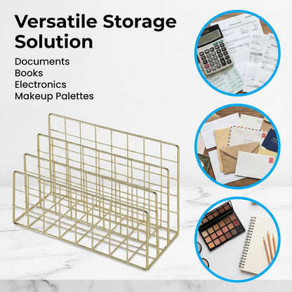 Simmer Stone Gold Letter Sorter Organizer for Desk, Premium Plated Metal Mail Holder with 3 Upright Slots, Ultra-Stable & Non-Wobbling Desktop Organizer for Envelopes, Documents, Palettes 9.5“ x 4.7 ”