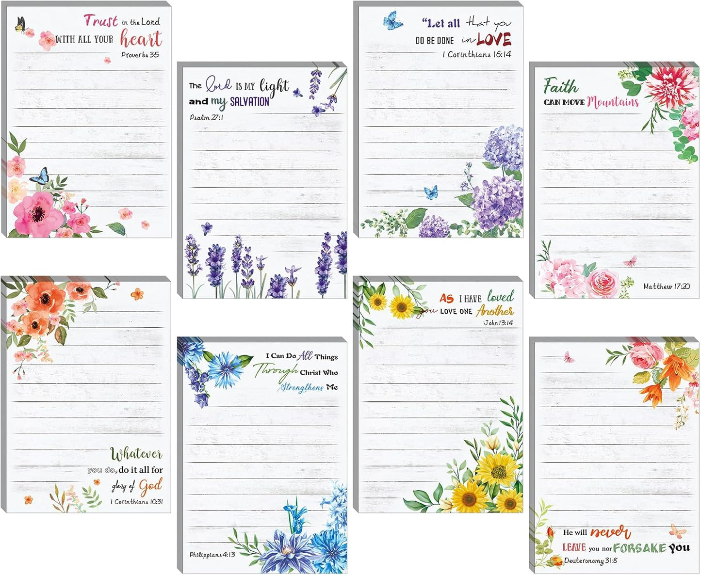 Gersoniel 8 Pack Christian Sticky Notes Gifts for Mothers Day Bulk for Church Small Scripture Inspirational Memo Pads Floral Adhesive Religious Bible Verse Quotes Notepads, 4 x 5.5 Inch(Simple Style)