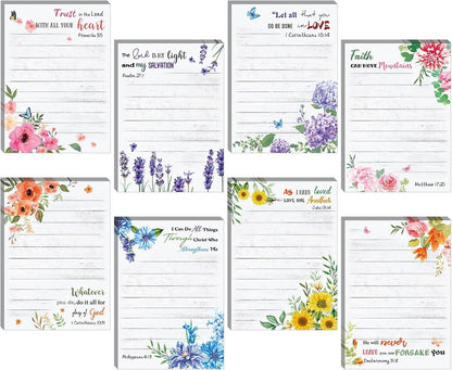 Gersoniel 8 Pack Christian Sticky Notes Gifts for Mothers Day Bulk for Church Small Scripture Inspirational Memo Pads Floral Adhesive Religious Bible Verse Quotes Notepads, 4 x 5.5 Inch(Simple Style)