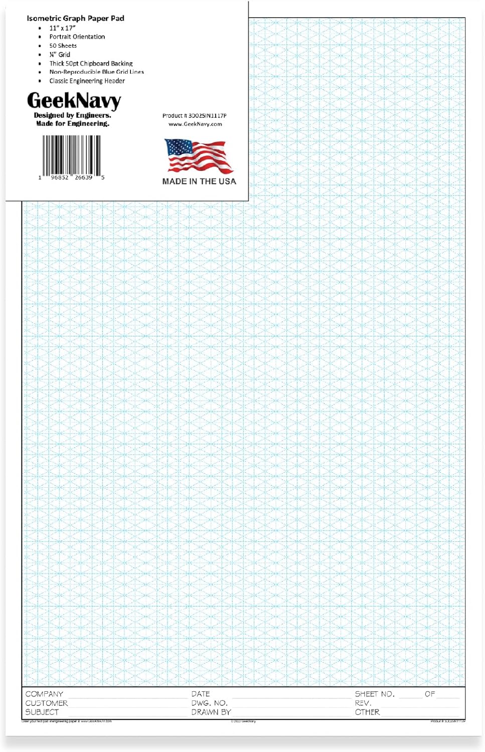 GeekNavy 8.5" x 11" Isometric Graph Paper 50 Sheets Portrait - 0.25" Grid, Non-photo Blue, High Brightness, Drafting, Engineering, Art, 3D Design (1-Pack)