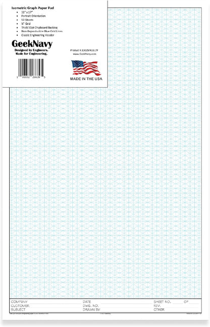 GeekNavy 8.5" x 11" Isometric Graph Paper 50 Sheets Portrait - 0.25" Grid, Non-photo Blue, High Brightness, Drafting, Engineering, Art, 3D Design (1-Pack)