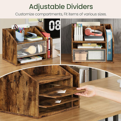 CHOEZON Wooden Desk Organizer with Adjustable Partitions, Multi-Layer Desktop File Holder for Home Office, Paper & Stationery Storage Organizer, Rustic Brown MWJ04FG