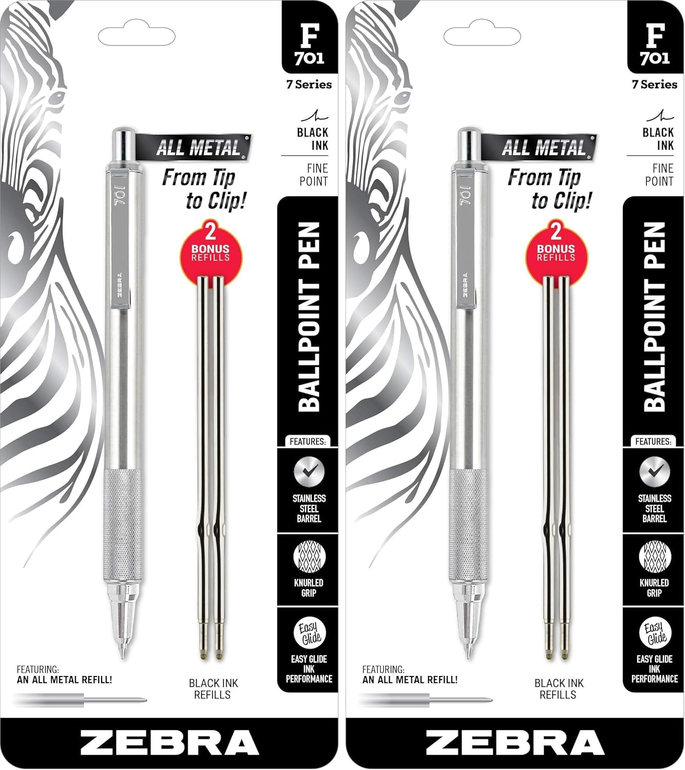 Zebra Pen F-701 Retractable Ballpoint Pen, 0.8mm Fine Point, Stainless Steel Barrel, Black Metal Pen with 2 Ink Refills