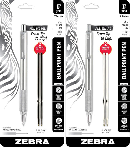 Zebra Pen F-701 Retractable Ballpoint Pen, 0.8mm Fine Point, Stainless Steel Barrel, Black Metal Pen with 2 Ink Refills